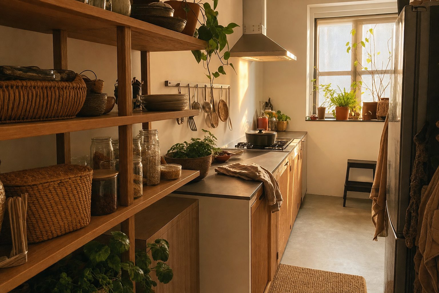 A narrow rental kitchen with open shelving, woven baskets and morning light