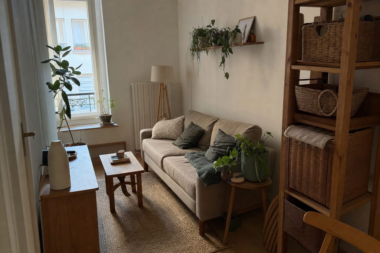 A small apartment living room with a tall narrow shelf, woven baskets and warm afternoon light